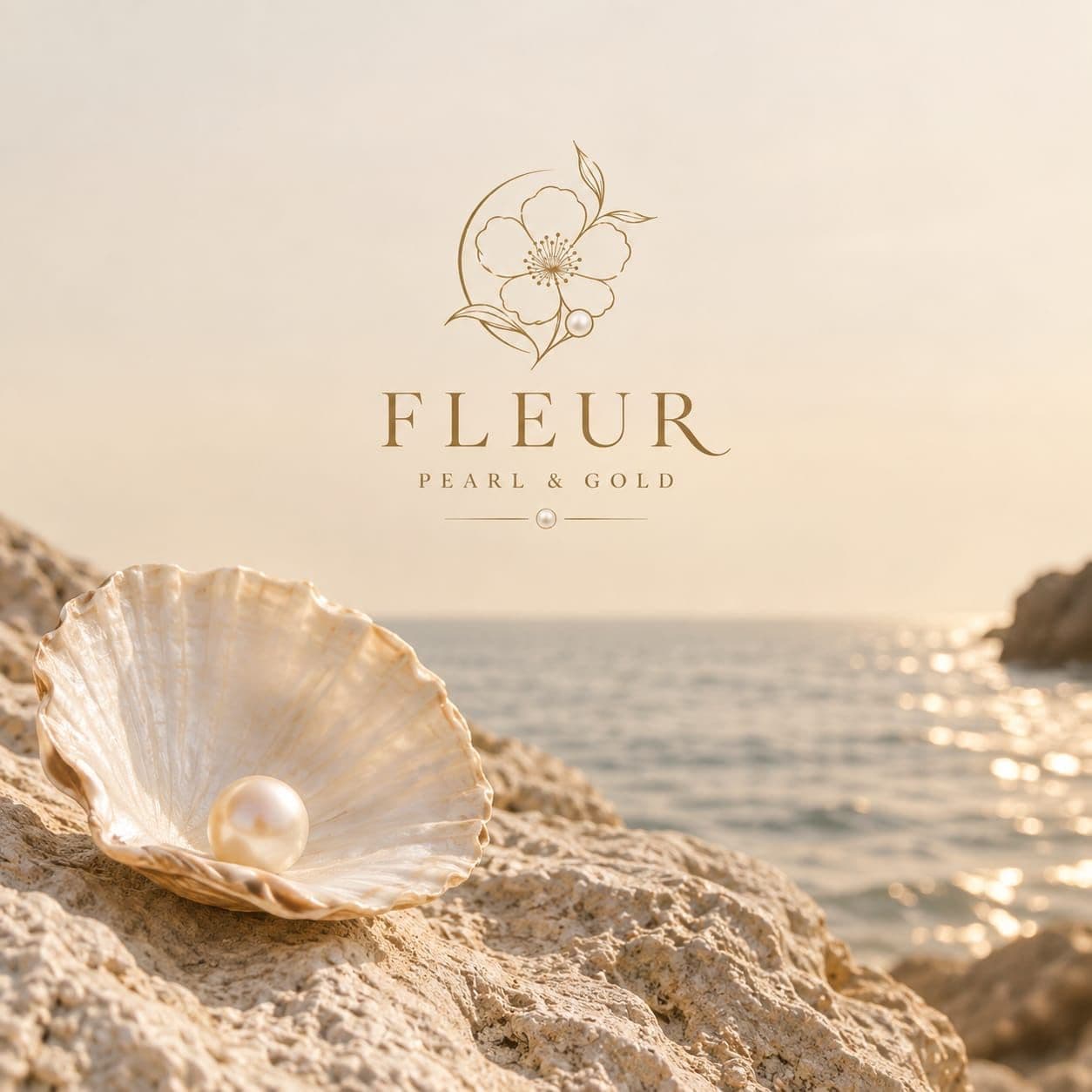Deniz kabuğu içinde inci ve Fleur Pearl & Gold logosu